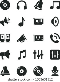 Solid Black Vector Icon Set - bell vector, horn, loudspeaker, music, CD, regulator, phone call, megaphone, pc card, headphones, speaker, note, settings, microphone
