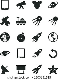 Solid Black Vector Icon Set - counterclockwise vector, t short, artificial satellite, planet Earth, billboard, rocket, space, tablet pc, telescope, antenna, saturn, lunar rover, flag on moon, first