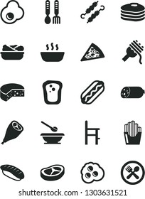 Solid Black Vector Icon Set - plates and spoons vector, a chair for feeding, iron fork, sausage, cheese, piece of pizza, Hot Dog, spaghetti, porridge, lettuce in plate, grill chicken leg, bacon, egg