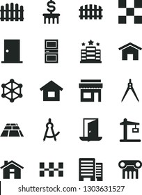 Solid Black Vector Icon Set - house vector, dwelling, ntrance door, interroom, buildings, tile, ceramic tiles, fence, hedge, paving slab, home, Construction crane, drawing compass, 3d cube, exit