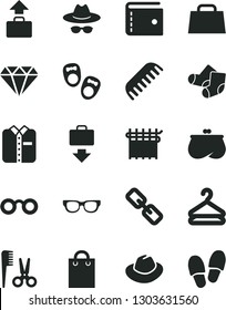 Solid Black Vector Icon Set - purse vector, spectacles, hat, with glasses, accessories for a hairstyle, comb, Knitted Socks, shoes little children, folded shirt, hanger, cloth industry, bag, hand