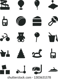 Solid Black Vector Icon Set - beanbag vector, bath ball, stacking toy, phone, mobile, sand set, children's, small teddy bear, yule, rocking horse, cubes for children, balloon, tricycle, Kick scooter