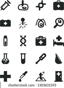 Solid Black Vector Icon Set - first aid kit vector, plus, electronic thermometer e, bag of a paramedic, medical, temperature, garlic, flask, mercury, test tube, dna, bactery, pipette, syringe, room