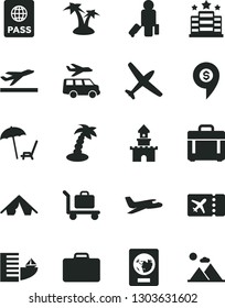 Solid Black Vector Icon Set - case vector, passport, sand castle, dollar pin, plane, passenger, suitcase, ticket, departure, hotel, tent, arnchair under umbrella, palm tree, baggage, transfer
