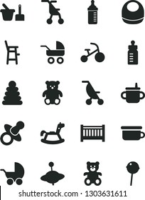 Solid Black Vector Icon Set - baby cot vector, dummy, mug for feeding, bottle, measuring, bib, stroller, carriage, summer, sitting, stacking rings, toy sand set, children's potty, a chair child