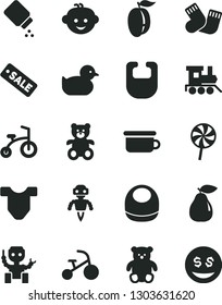 Solid Black Vector Icon Set - baby powder vector, bib, Child T shirt, duckling, warm socks, children's potty, teddy bear, small, hairdo, toy train, bicycle, tricycle, lollipop, pear, ripe plum