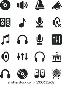 Solid Black Vector Icon Set - bell vector, desktop microphone, horn, loudspeaker, silent mode, drumroll, headphones, music, CD, regulator, volume, pc speaker, note, settings, disco ball
