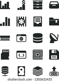 Solid Black Vector Icon Set - floppy disk vector, negative histogram, archive, folder bookmark, storage unit, pile, big data server, drawer, processor, satellite dish, bar chart, radiator fan, hdd