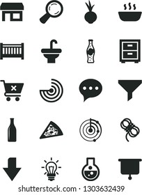 Solid Black Vector Icon Set - downward direction vector, bedside table, baby cot, washbasin, hawser, speech, crossed cart, piece of pizza, hot porridge, beet, bottle soda, Glass, stall, magnifier