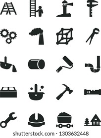 Solid Black Vector Icon Set - adjustable wrench vector, new roller, ladder, siphon, construction level, helmet, building block, hammer with claw, manufacture, pipe, calipers, metallurgy, three gears