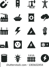 Solid Black Vector Icon Set - lightning vector, danger of electricity, saving light bulb, boiler, storm cloud, a bowl buckwheat porridge, working oil derrick, barrel, battery, power line, socket