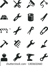 Solid Black Vector Icon Set - repair key vector, safety pin, building trowel, small tools, adjustable wrench, drill, hand saw, paint roller, spatula, paving slab, road fence, hammer, with claw