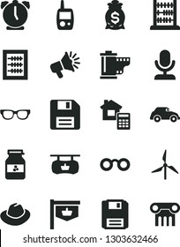 Solid Black Vector Icon Set - floppy disk vector, hat, camera roll, new abacus, toy mobile phone, estimate, alarm clock, jar of jam, windmill, retro car, vintage sign, antique advertising signboard