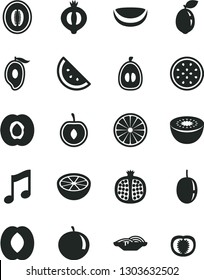 Solid Black Vector Icon Set - music vector, slices of onion, orange slice, half apricot, pomegranate, medlar, mango, peach, melon, tangerine, loquat, cherry, passion fruit, kiwi, sour lime, tomato
