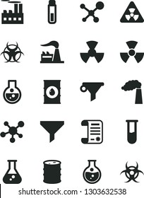 Solid Black Vector Icon Set - round flask vector, manufacture, factory, oil, barrel, industrial building, radiation, filter, water, research article, test tube, molecule, nuclear, biohazard