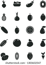 Solid Black Vector Icon Set - lettuce in a plate vector, cucumber, beet, pineapple, pear, tasty raspberry, mulberry, delicious plum, passion fruit, sweet date, yellow lemon, half of, tamarillo