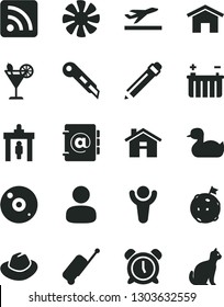 Solid Black Vector Icon Set - house vector, alarm clock, graphite pencil, hat, rss feed, rubber duck, stationery knife, home, address book, cocktail, battery, man, fan, cd, winner, flag on moon