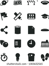 Solid Black Vector Icon Set - clean sheet of paper vector, writing accessories, road fence, wall clock, flag, square academic hat, Easter cake, loaf, plate, blueberries, barrel, light bulb, conveyor