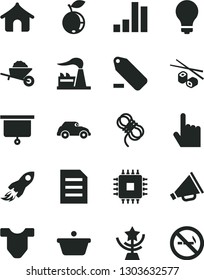 Solid Black Vector Icon Set - matte light bulb vector, horn, remove label, Child T shirt, garden trolley, hawser, index finger, Chinese chopsticks, blueberry, factory, retro car, pan, space rocket