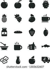 Solid Black Vector Icon Set - measuring cup for feeding vector, plates and spoons, coffee, loaf, popcorn, small fish, of tea, jar jam, strawberry, peach, ripe, grape, apricot, rose hip, blackberry