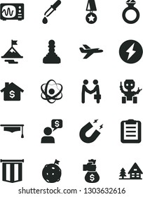 Solid Black Vector Icon Set - atom vector, pipette, oscilloscope, magnet, graduate hat, clipboard, robot, electricity, pawn, motivation, flag on moon, star medal, diamond ring, money bag hand