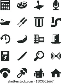 Solid Black Vector Icon Set - tassel vector, desktop microphone, measuring cup for feeding, beanbag, children's bathroom, small yule, city block, dangers, bacon, barbecue, banana, mashroom, wireless