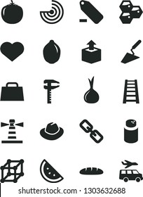 Solid Black Vector Icon Set - heart symbol vector, spectacles, hat, remove label, powder, trowel, stepladder, unpacking, loaf, orange slice, honeycombs, lime, persimmon, onion, calipers, lighthouse