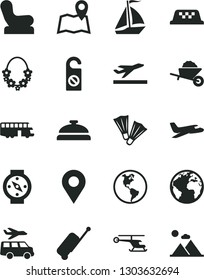 Solid Black Vector Icon Set - sign of the planet vector, Baby chair, garden trolley, Earth, location, helicopter, plane, bus, sail boat, taxi, rolling case, departure, hawaii wreath, flippers, map