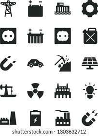 Solid Black Vector Icon Set - power socket type f vector, charging battery, solar panel, oil derrick, coal mining, accumulator, hydroelectric station, pole, industrial building, thermal plant, bulb