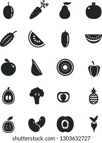 Solid Black Vector Icon Set - garlic vector, a pineapple, half apricot, pomegranate, slice of water melon, date fruit, loquat, passion, kiwi, delicious apple, guawa, ripe guava, tomato, pepper