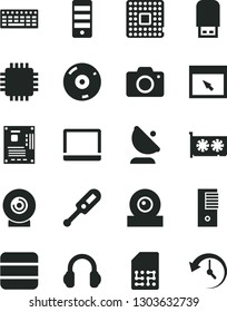 Solid Black Vector Icon Set - camera vector, electronic thermometer e, lens, processor, satellite antenna, SIM, notebook pc, keyboard, tower, motherboard, cpu, gpu card, web, cd, usb flash, browser