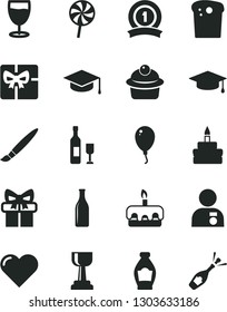 Solid Black Vector Icon Set - tassel vector, balloon, heart, square academic hat, Easter cake, muffin, torte, birthday, lollipop, glass, bottle, gift, giftbox, gold cup, man with medal, graduate