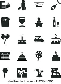 Solid Black Vector Icon Set - colored air balloons vector, cake, birthday, Easter, torte, Chupa Chups, lollipop, glass, wall calendar, giftbox, sand castle, wine, champagne, car baggage, passenger