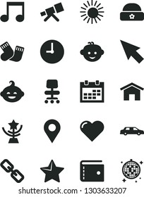 Solid Black Vector Icon Set - calendar vector, purse, spectacles, warm socks, children's hairdo, funny, hat, home, wall clock, star, heart, location, note, chair, cursor, telescope, cup, limousine