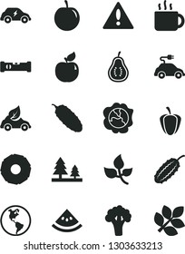 Solid Black Vector Icon Set - warning vector, construction level, cucumber, cup of tea, squash, apricot, tasty plum, slice pineapple, part guava, water melon, ripe pepper, broccoli, leaves, forest