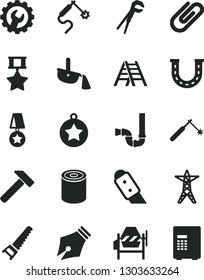 Solid Black Vector Icon Set - concrete mixer vector, adjustable wrench, hand saw, ladder, siphon, gear, knife, hammer, clip, tin, power line, welding, gas, steel production, ink pen, star medal