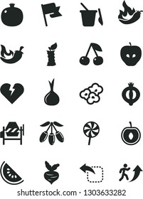 Solid Black Vector Icon Set - children's sand set vector, concrete mixer, broken heart, flag, move left, chili, lollipop, popcorn, cherry, pomegranate, tasty apple, half of medlar, slice water melon