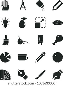 Solid Black Vector Icon Set - tassel vector, graphite pencil, baby powder, children's potty, color samples, wooden paint brush, electronic boiler, core, expand picture, pie, chicken leg, cabbage