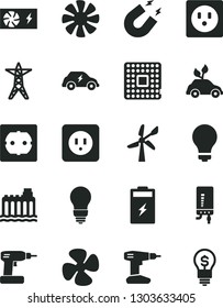 Solid Black Vector Icon Set - matte light bulb vector, cordless drill, power socket type b, f, electronic boiler, fan screw, charging battery, wind energy, hydroelectricity, line, electric, magnet