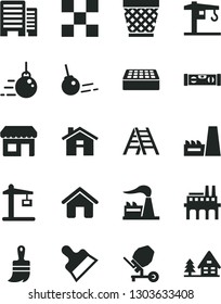 Solid Black Vector Icon Set - house vector, wicker pot, crane, big core, concrete mixer, wooden paint brush, ladder, building level, buildings, tile, brick, putty knife, factory, thermal power plant