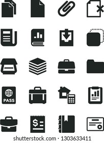 Solid Black Vector Icon Set - clean sheet of paper vector, folder, download archive data, estimate, notebook, case, passport, pile, suitcase, delete page, clip, copy, briefcase, statistical report