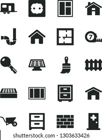 Solid Black Vector Icon Set - house vector, bedside table, brickwork, building trolley, window, frame, long meashuring tape, wooden paint brush, siphon, laying out, power socket type f, brick, home