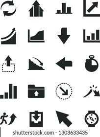 Solid Black Vector Icon Set - downward direction vector, left, renewal, growth chart, download archive data, upload folder, timer, move up, right bottom arrow, bar, recession, a crisis, cursor, man