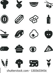 Solid Black Vector Icon Set - measuring bottle for feeding vector, plates and spoons, sausage, piece of cheese, fried vegetables on sticks, pizza, Hot Dog, mushroom, muffin, Chinese chopsticks, egg
