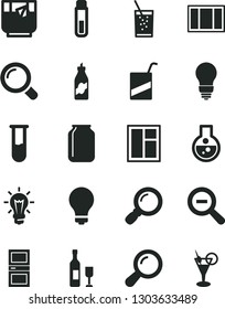 Solid Black Vector Icon Set - matte light bulb vector, zoom out, e, window, frame, interroom door, magnifier, a glass of soda, tea, liquor, jar, flask, test tube, wine, cocktail