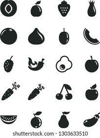 Solid Black Vector Icon Set - chili vector, carrot, fried egg, strawberry, cherry, apricot, plum, rose hip, fig, blueberry, tasty mulberry, slice of melon, water, passion fruit, guava, grapefruit