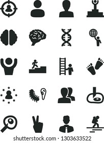 Solid Black Vector Icon Set - woman vector, women, children's tracks, employee, man, in sight, dna, brain, bactery, artifical insimination, winner podium, carrer stairway, hold world, with ladder