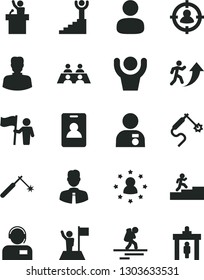 Solid Black Vector Icon Set - employee vector, operator, welding, gas, woman, man, in sight, conversation, arrow up, carrer stairway, winner, with medal, flag, hold, hands, speaker, stars around
