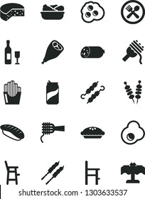 Solid Black Vector Icon Set - a chair for feeding vector, child, sausage, cheese, fried vegetables on sticks, spaghetti, noodles, pie, lettuce in plate, grill chicken leg, barbecue, meat skewers