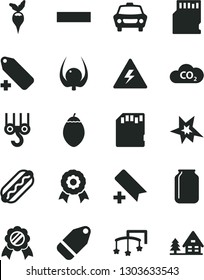 Solid Black Vector Icon Set - danger of electricity vector, add bookmark, minus, label, toys over the cot, winch hook, car, Hot Dog, tamarillo, physalis, radish, CO2, jar, sd card, medal, bang